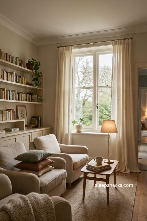Therapy office with a calming window view leafy plant linen curtains and soft natural light 