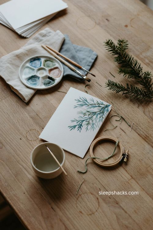 Threaded juniper sprig Christmas card with watercolor greenery and embroidery 
