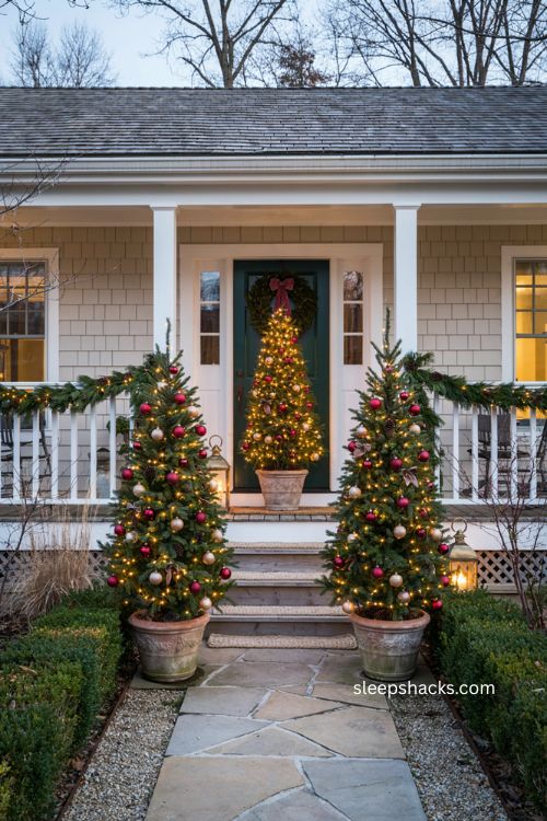 Three 4 ft Christmas trees lined along porch steps with matching lights and holiday decor 