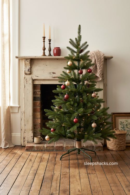 Three foot hinged artificial Christmas tree beside fireplace