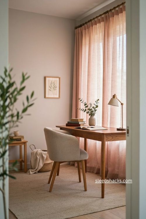Three-quarter wide editorial interior photograph of a sophisticated home office featuring a comfortable upholstered dusty pink boucle chair positioned beside the main desk as a practical reading and break chair, giving the room both color and everyday comfort without feeling decorative or novelty-like. Warm modern classic office style with subtle mid-century influence, natural materials, clean lines, and a lived-in character. A restrained palette of dusty pink, warm ivory, soft taupe, natural oak, walnut brown, charcoal, and aged brass, with the upholstered chair providing the main pink accent. The chair has durable textured boucle upholstery, softly rounded proportions, and elegant black metal legs, placed beside a simple wood desk with a linen desk mat, aged brass lamp, ceramic vessel, woven basket, and a few gently worn accessories that feel collected over time. A small side table holds a neutral ceramic cup and a closed plain notebook with no visible writing, while natural wood grain, tactile fabric, and subtly imperfect surfaces add warmth and realism. Soft daylight enters from a nearby window and falls evenly across the chair, desk, and floor, making the boucle texture clearly visible and creating a calm pause-away-from-the-desk feeling. The atmosphere feels comfortable, functional, warm, refined, and inviting, showing how one hardworking pink chair can add personality while serving as a practical spot for reading, calls, or quiet breaks; soft colors that change the mood instantly, old textures that add warmth and depth, simple details that create lasting charm, no people, no text, no watermarks, no blur, no bokeh, all surfaces in sharp focus, photorealistic, 4K resolution, editorial interior photography, Pinterest-worthy 