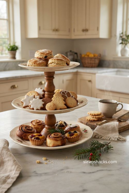 Three tiered cake stand with Christmas treats on farmhouse kitchen counter 