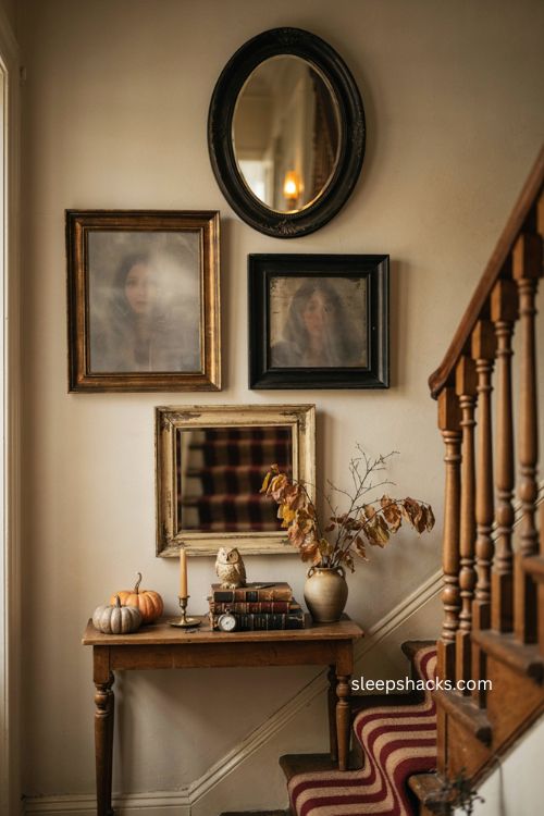 Thrifted Halloween mirror gallery wall with black vintage frames and ghost face panels
