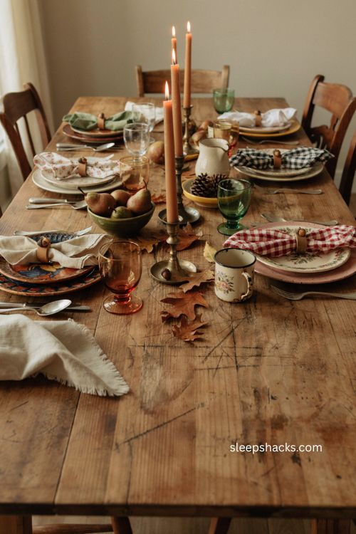 Thrifted bow napkins with acorn napkin rings for vintage thanksgiving table 