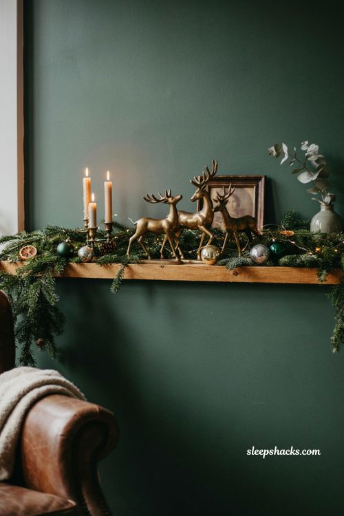 Thrifted brass reindeer green Christmas decor ideas