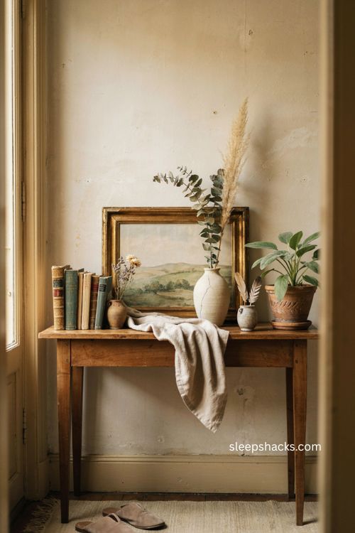 Thrifted entryway table vignette with old books vintage art dried leaves and plants
