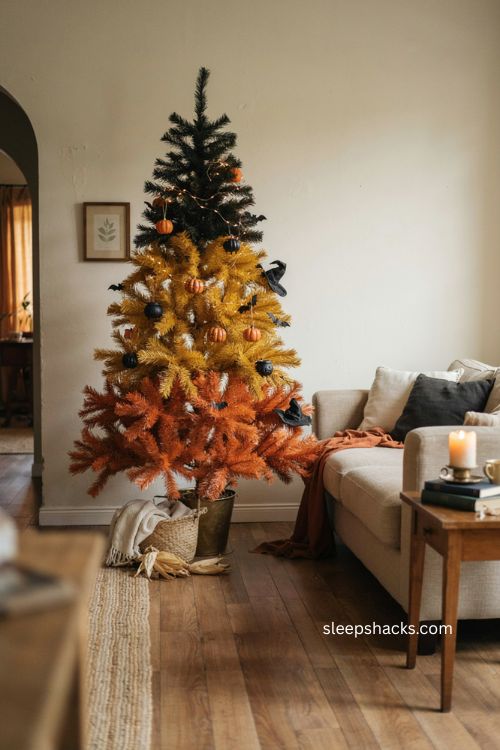 Thrifted halloween tree painted orange yellow and black for a cozy diy living room 