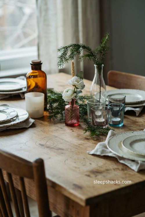 Thrifted mismatched votive centerpiece with evergreen branches 
