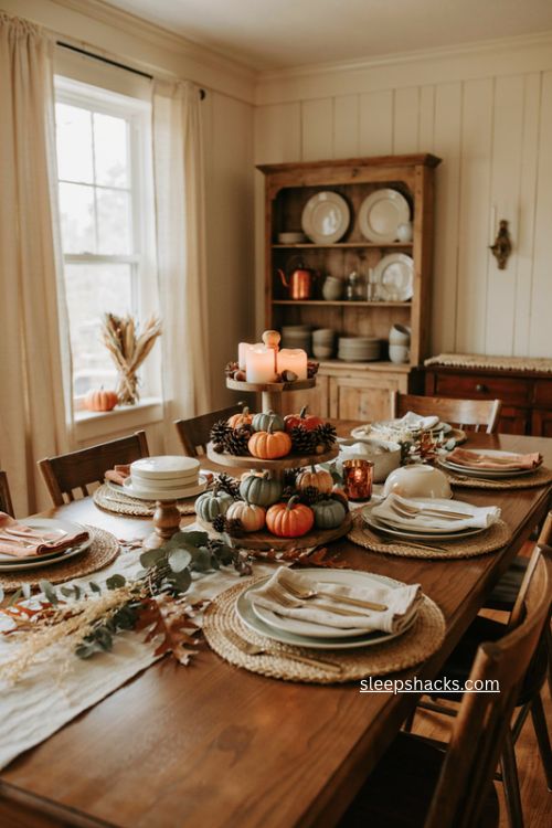 Tiered tray Thanksgiving centerpiece with mini pumpkins pinecones and candles 