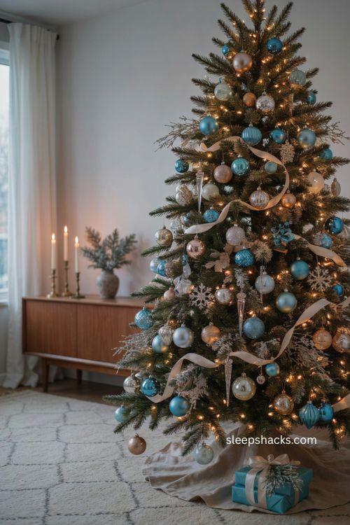 Tiffany blue and silver Christmas tree with warm gold lights 