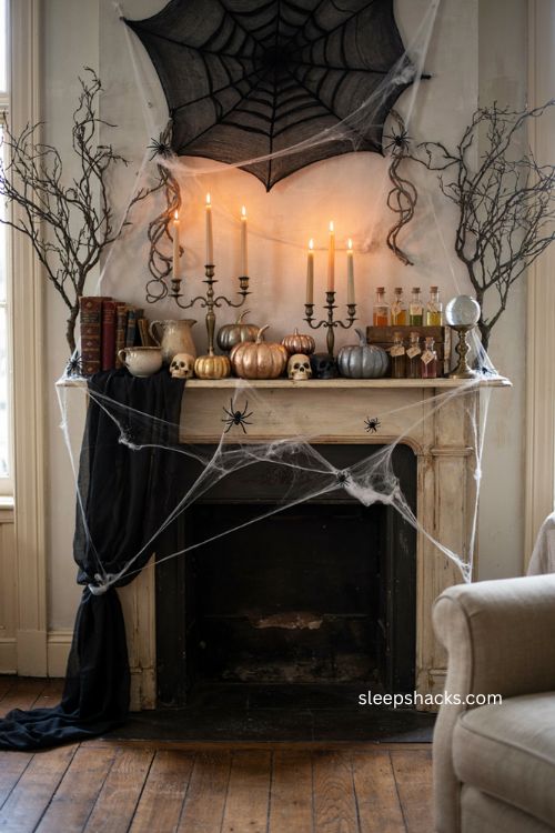 Tightly stretched spider web Halloween fireplace mantel with branches skulls candles and gothic decor