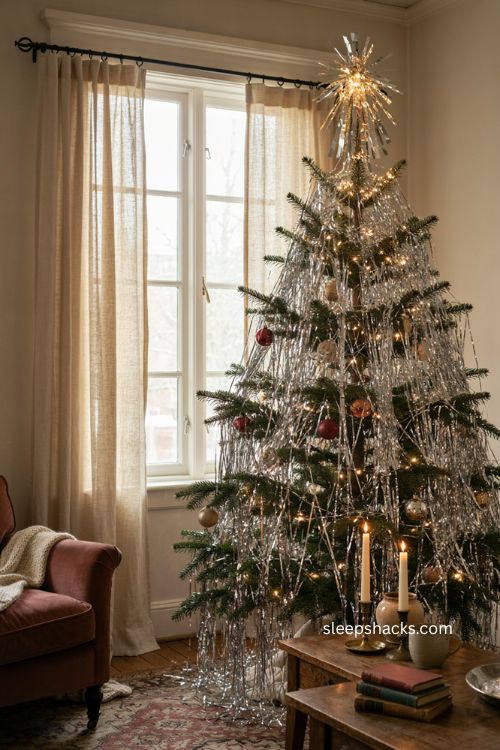 Tinsel Christmas tree with shimmering tinsel style topper