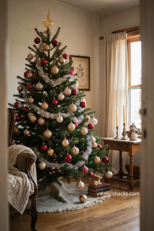 Tinsel Christmas tree with vintage Shiny Brite glass ornaments