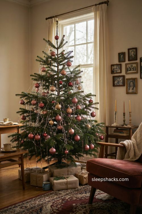 Tinsel Christmas tree with vintage ornaments and shimmering silver sparkle