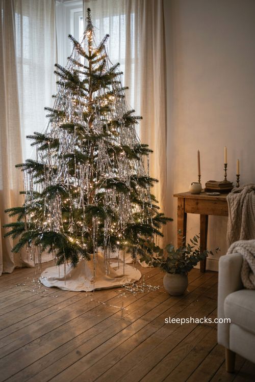 Tinsel only Christmas tree with warm lights and no ornaments