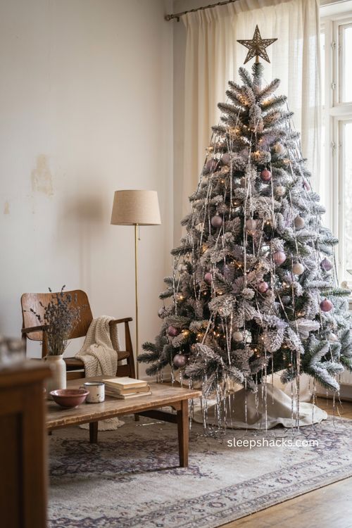 Lilac flocked tinsel Christmas tree with dreamy icicle sparkle