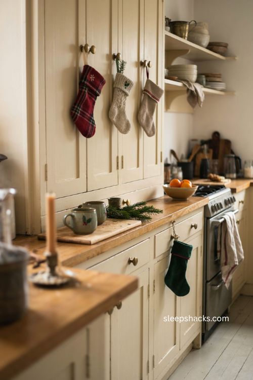 Tiny Christmas stockings tied to kitchen cabinet handles 