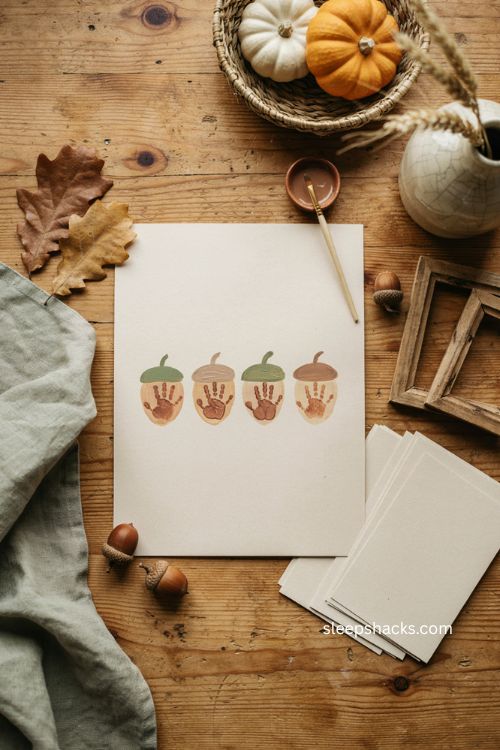 Tiny acorn handprint art for baby's first Thanksgiving keepsake