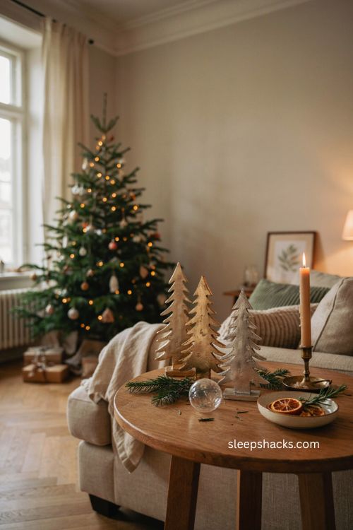 Tiny metallic Christmas trees for elegant side table holiday decor 