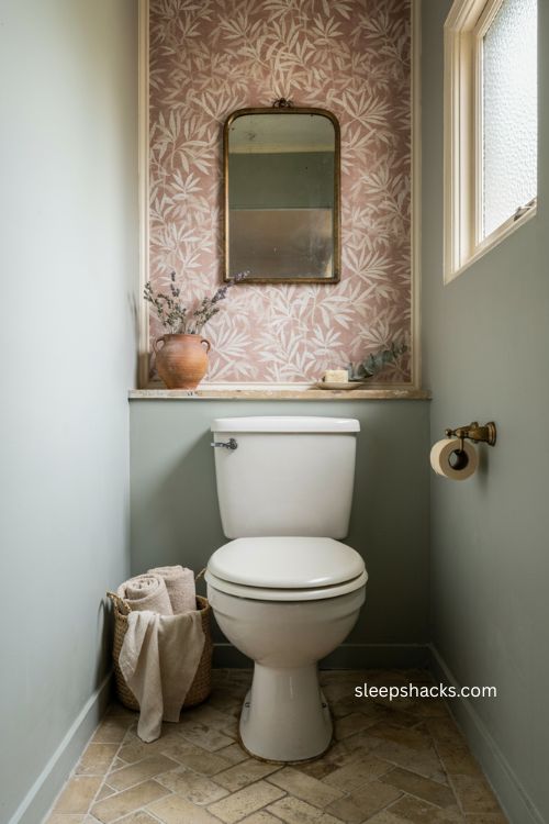 Tiny water closet ideas with bold paint vintage details and cozy storage