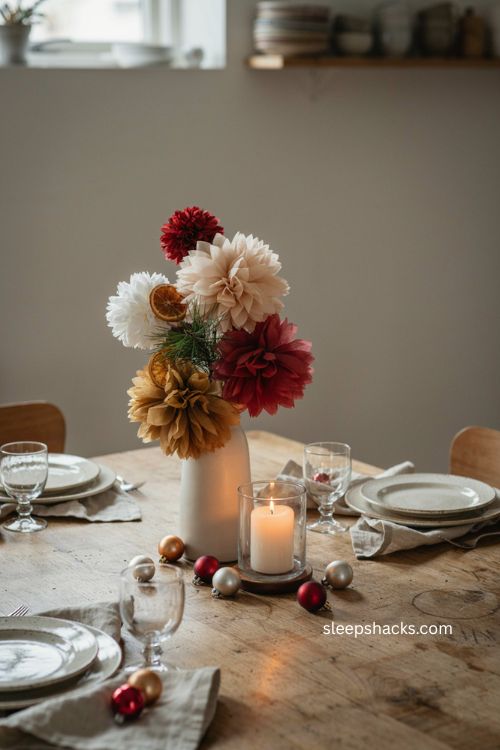 Tissue paper pom pom bouquet Christmas table centerpiece 