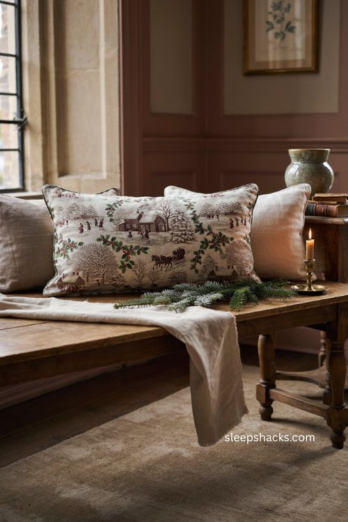 Toile Christmas long pillow elegant traditional dining bench decor