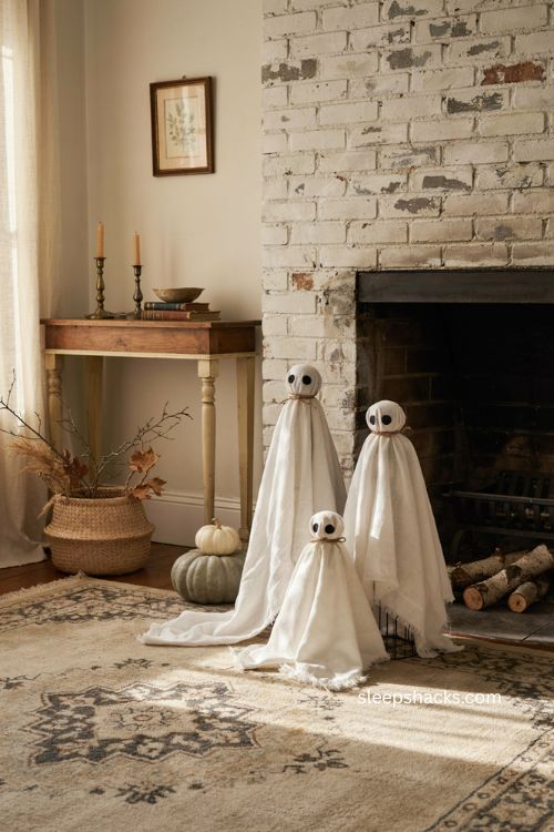 Tomato cage ghosts with cheesecloth and handmade Halloween decor 