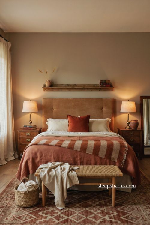Tonal primary bedroom with warm brown rust and muted red layered decor 