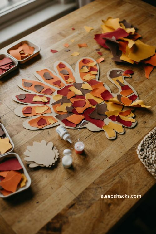 Torn paper turkey collage craft for toddlers with colorful fall paper 