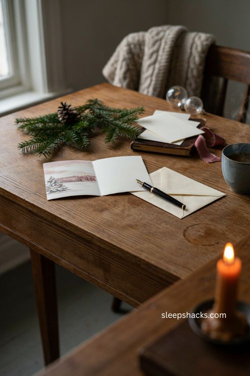 Traditional Christmas card for boyfriend with snowy scene and personal handwritten note in a cozy holiday writing corner 