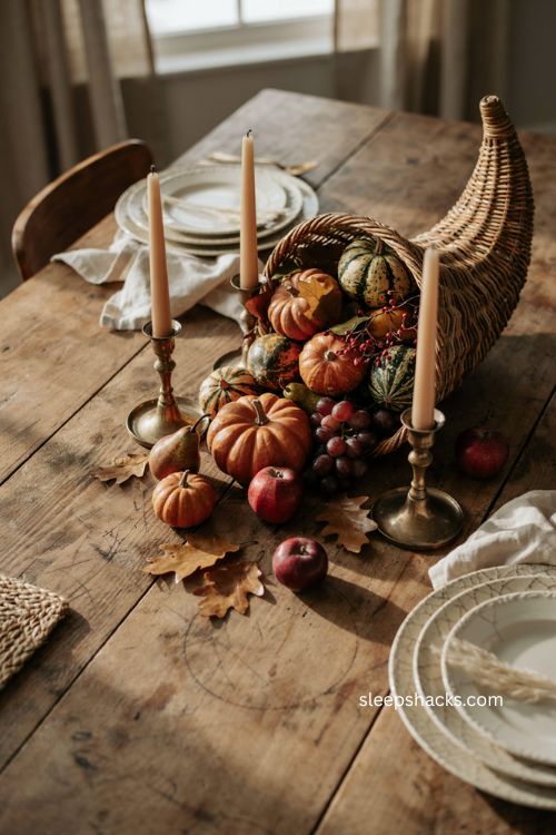 Traditional Thanksgiving cornucopia centerpiece with pumpkins gourds fruit and berries 