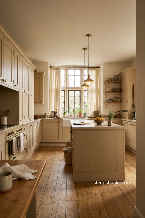 Traditional shaker beige kitchen with warm wood floors and brass pendant lighting 