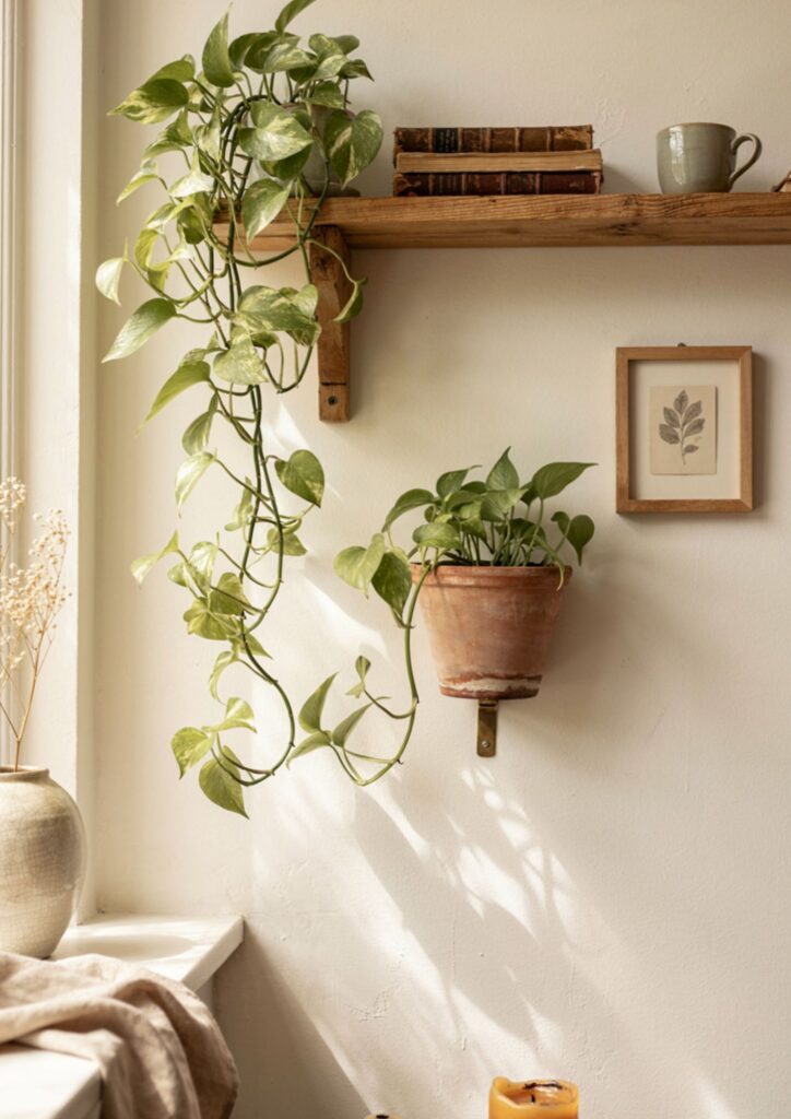 Trailing pothos and philodendron plants on a cozy home office wall