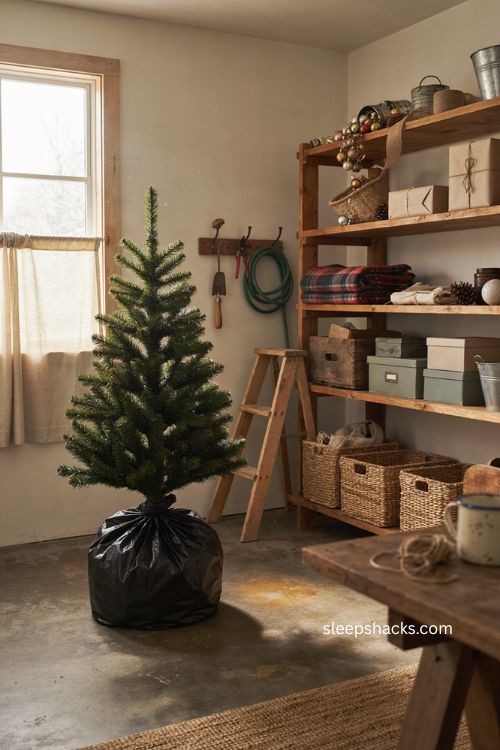 Trash bag Christmas tree storage method for an easy budget friendly solution 