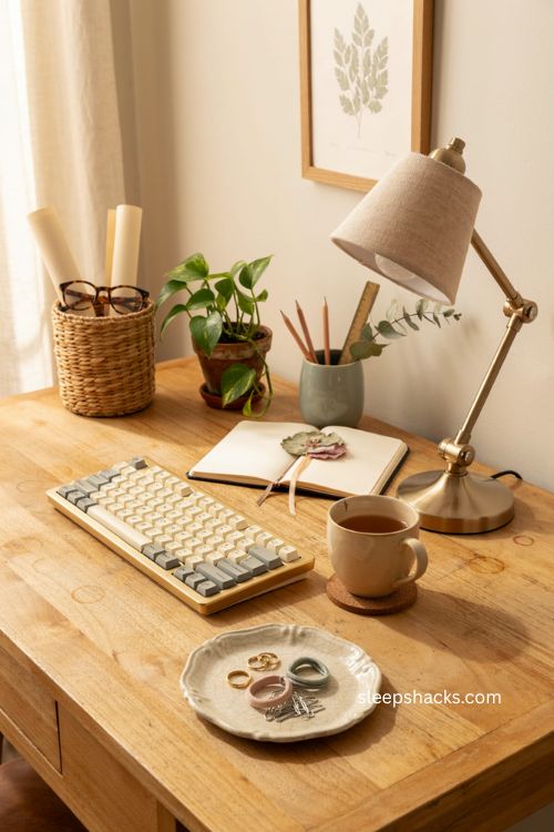 Trinket tray ideas for organizing small items on a cute office desk 