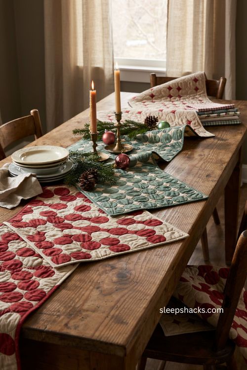 Triple snowball Christmas table runner patterns with cozy handmade quilted decor