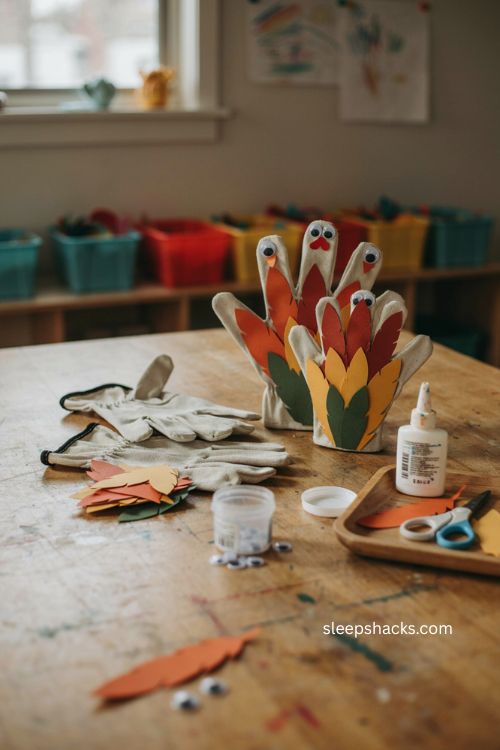 Turkey glove puppet craft for toddlers with colorful paper feathers 