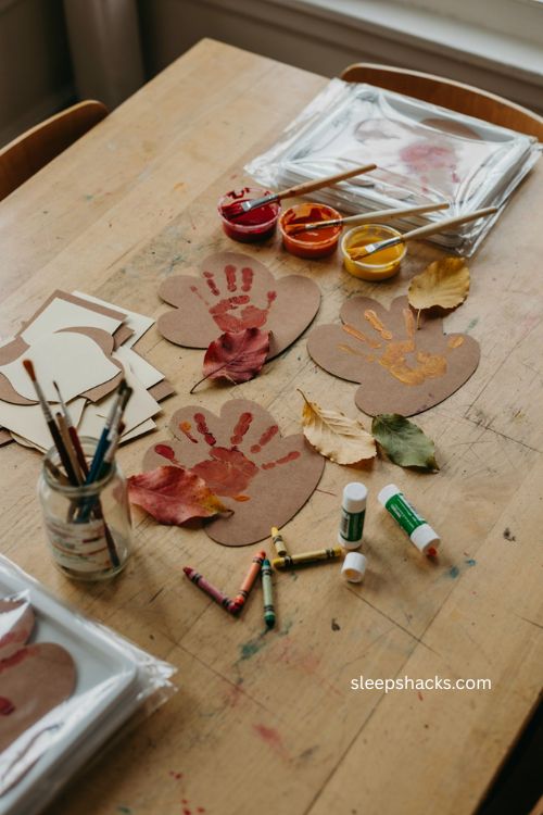 Turkey handprint placemats for toddlers with autumn leaves and colorful feathers 