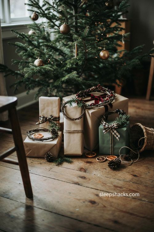Twig wreath Christmas gift wrapping ideas with plaid ribbon and rustic presents 