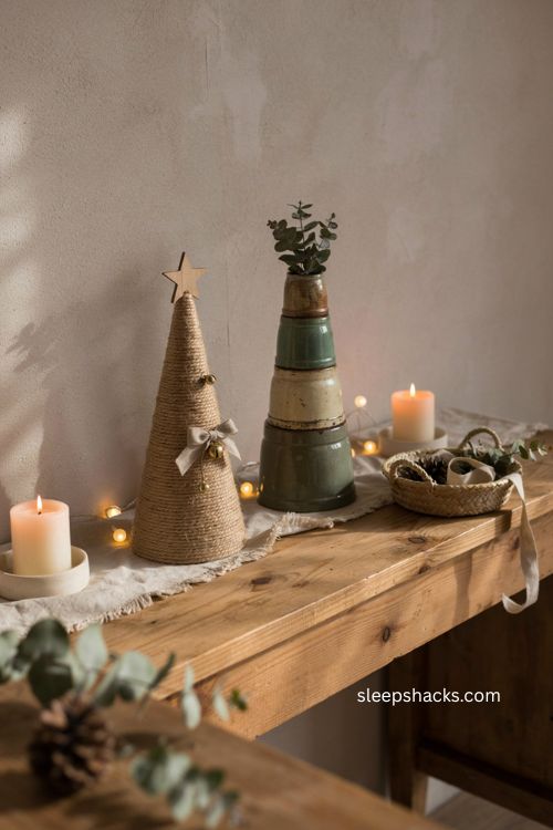 Twine and vintage crock christmas trees for rustic handmade holiday decor 