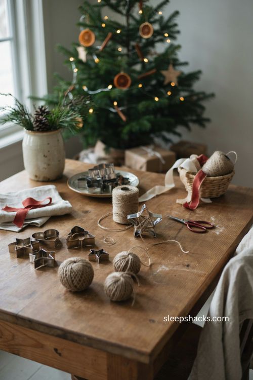 Twine wrapped cookie cutter Christmas ornaments with rustic farmhouse holiday decor