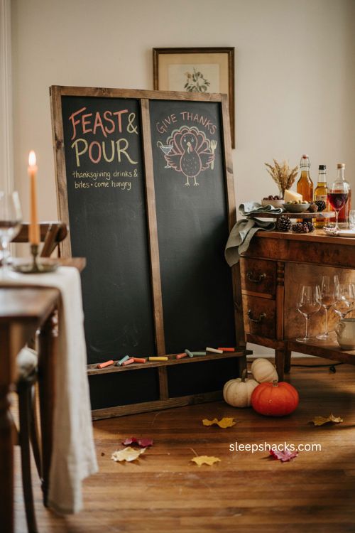 Two panel Thanksgiving chalkboard with funny turkey art and rustic drink station decor 