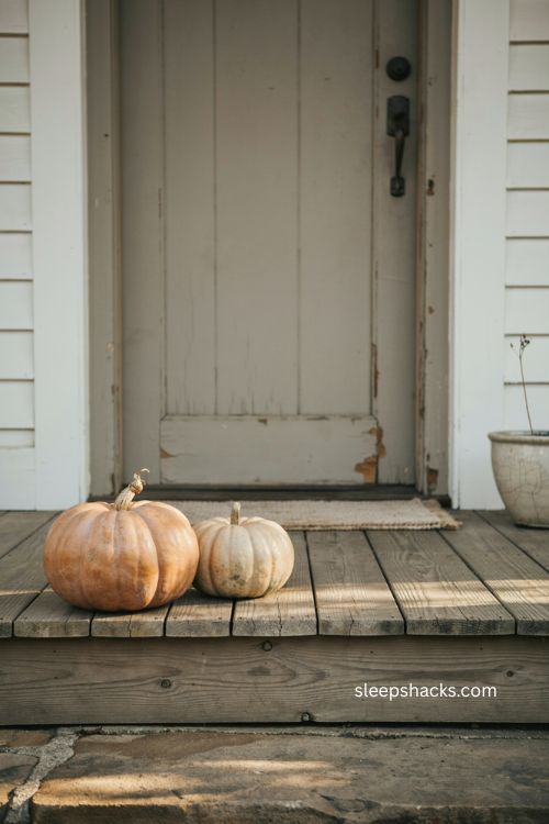Two pumpkins on a minimalist front porch for Halloween decor