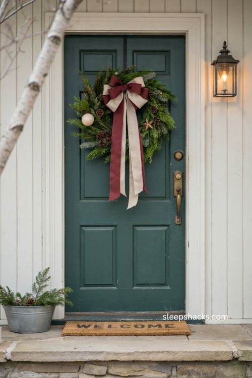 Two tone Christmas door swag with burgundy and cream ribbon pine greenery and berries