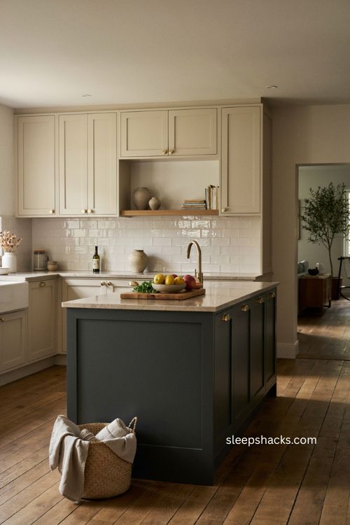 Two tone beige and charcoal kitchen with brass hardware and glossy white tile 