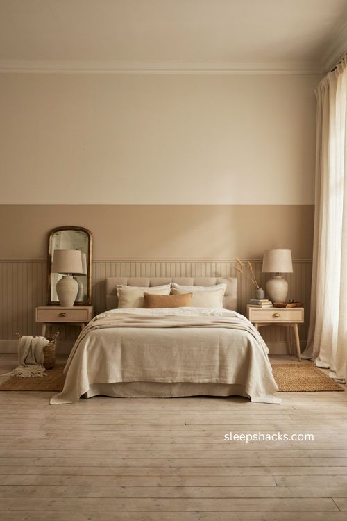 Two tone beige bedroom walls with tan paneling cream upper walls and cozy bedding 