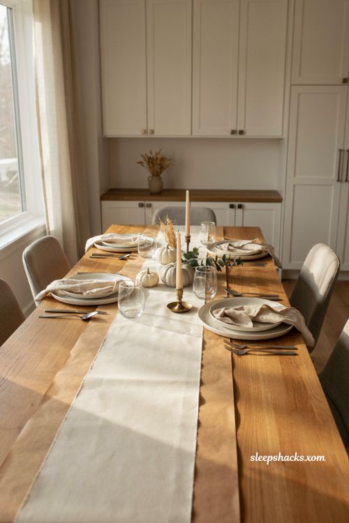 Two tone paper Thanksgiving table runner with kraft brown and cream butcher paper neutral table decor 