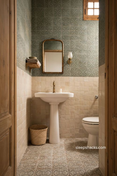 Two tone tile half bathroom ideas with patterned floor