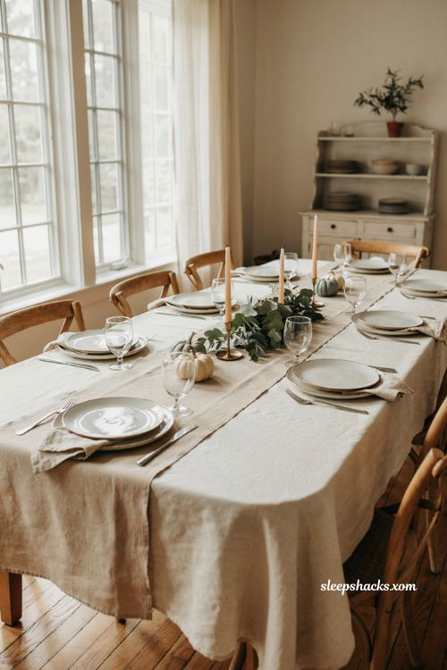 Two toned layered Thanksgiving tablecloth with neutral linens greenery centerpiece and simple dinnerware
