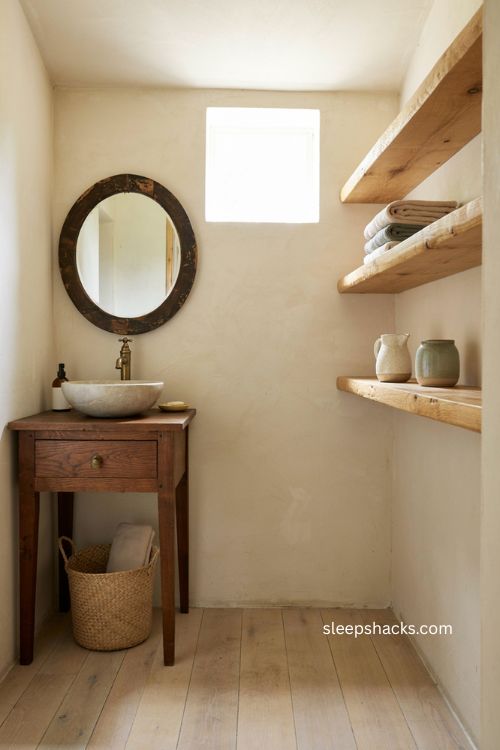 Two wood tones for depth in a rustic small bathroom